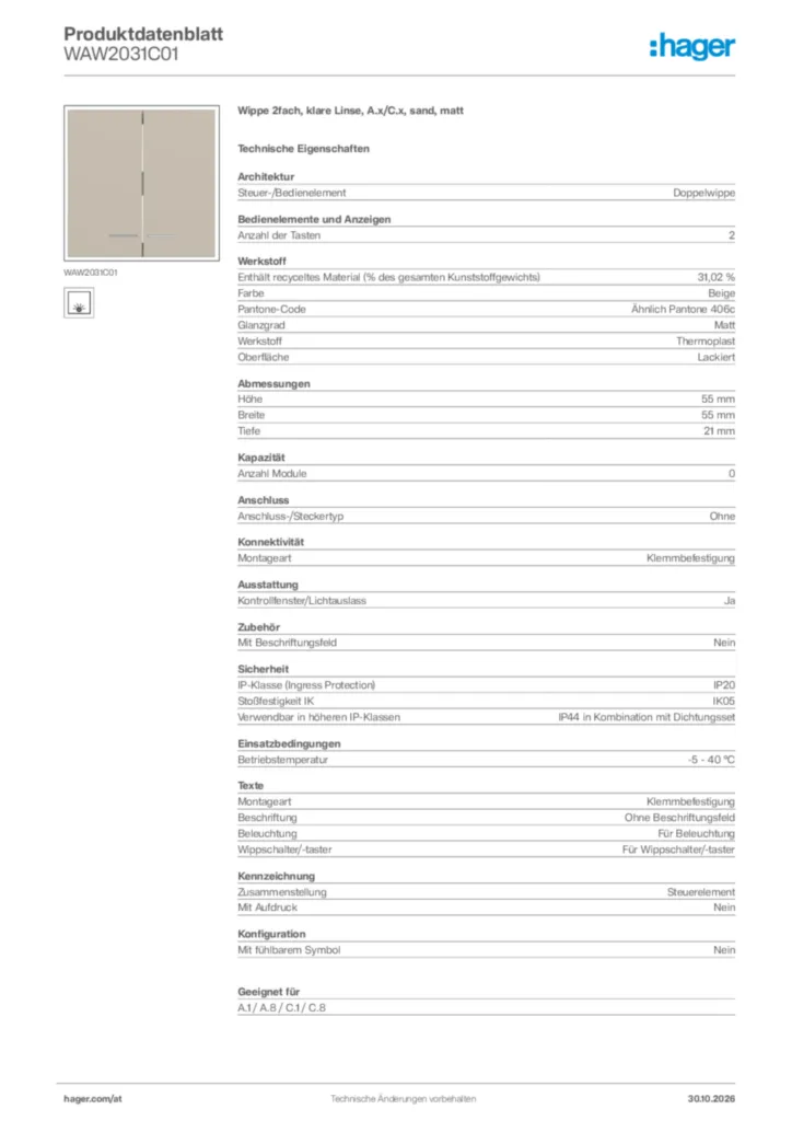 Bild Hager Produktdatenblatt WAW2031C01 | Hager Deutschland