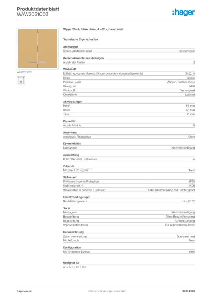 Bild Hager Produktdatenblatt WAW2031C02 | Hager Deutschland