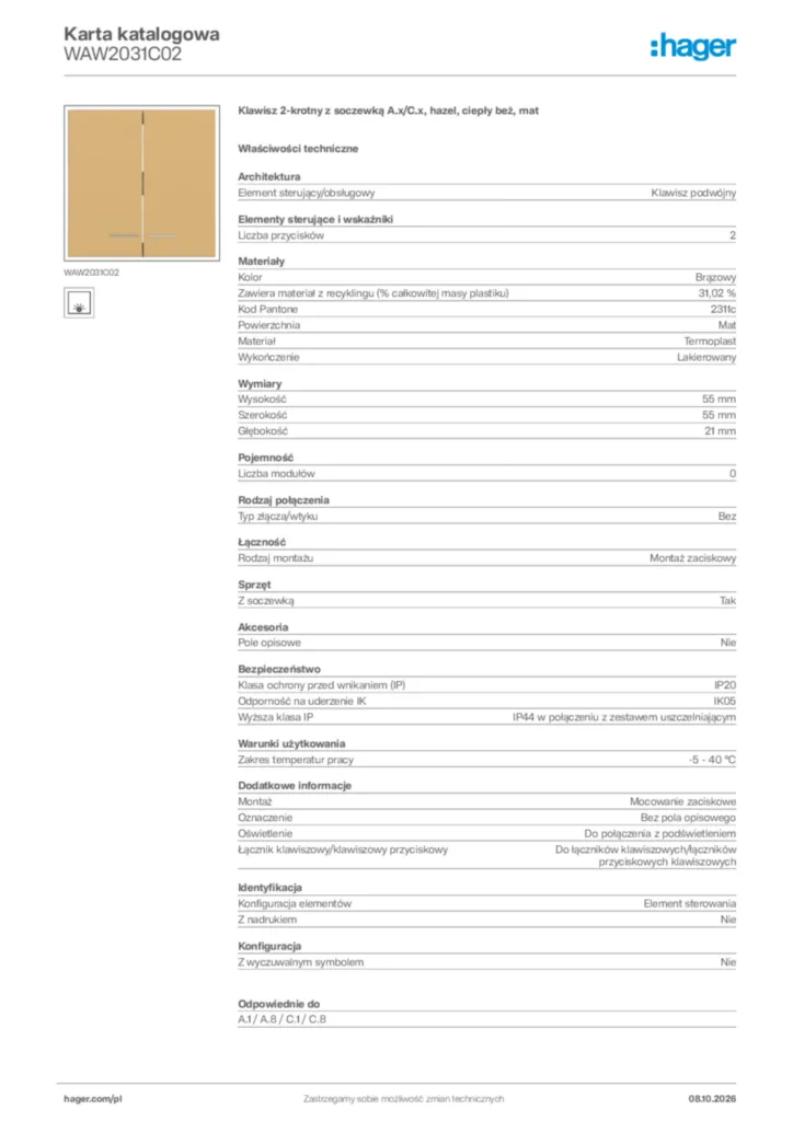 Zdjęcie Hager Karta katalogowa WAW2031C02 | Hager Polska
