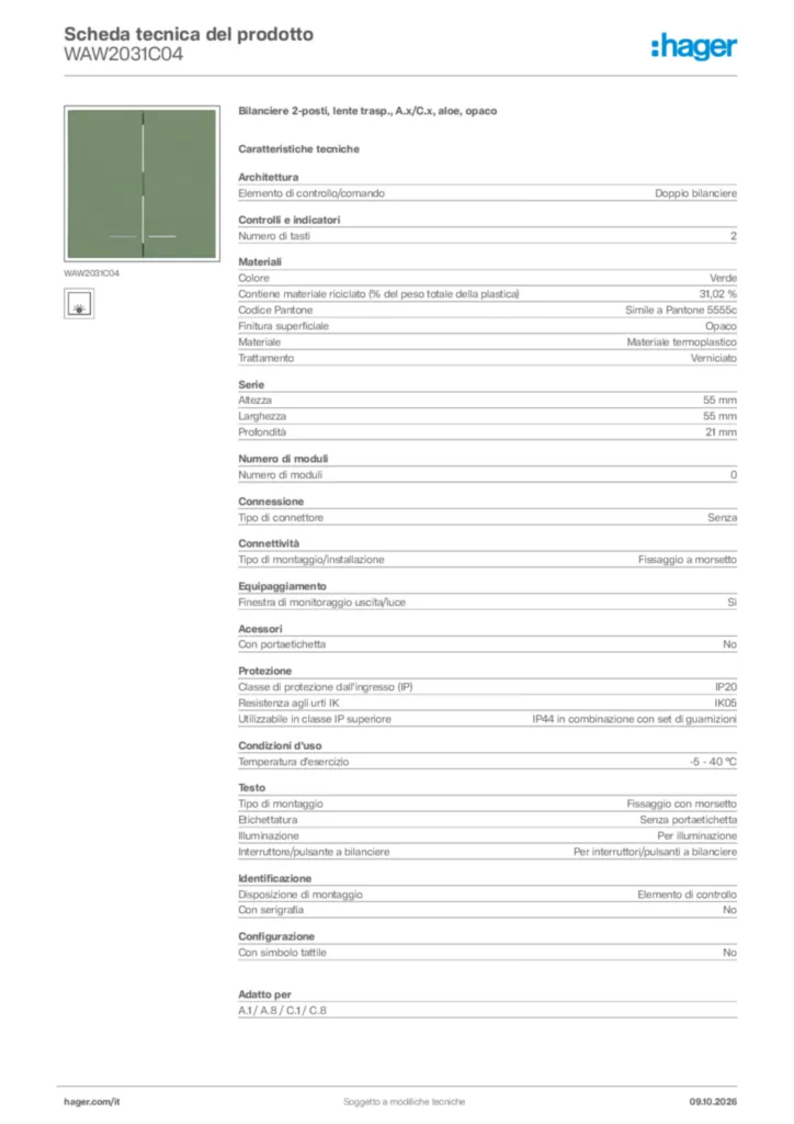 Immagine Hager Scheda tecnica del prodotto WAW2031C04 | Hager Italia