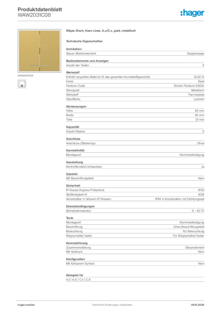 Bild Hager Produktdatenblatt WAW2031C08 | Hager Deutschland