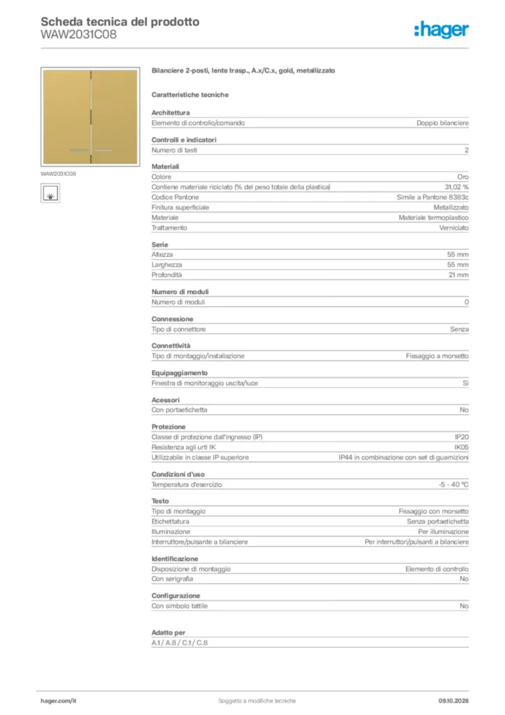 Immagine Hager Scheda tecnica del prodotto WAW2031C08 | Hager Italia