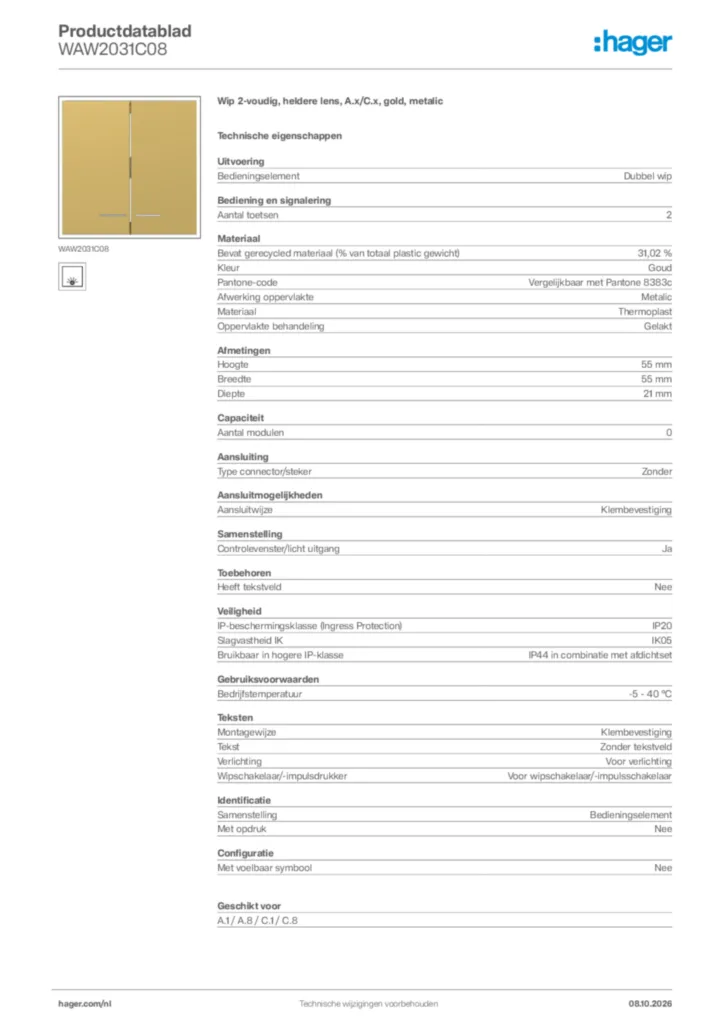 Afbeelding Hager Productdatablad WAW2031C08 | Hager Nederland