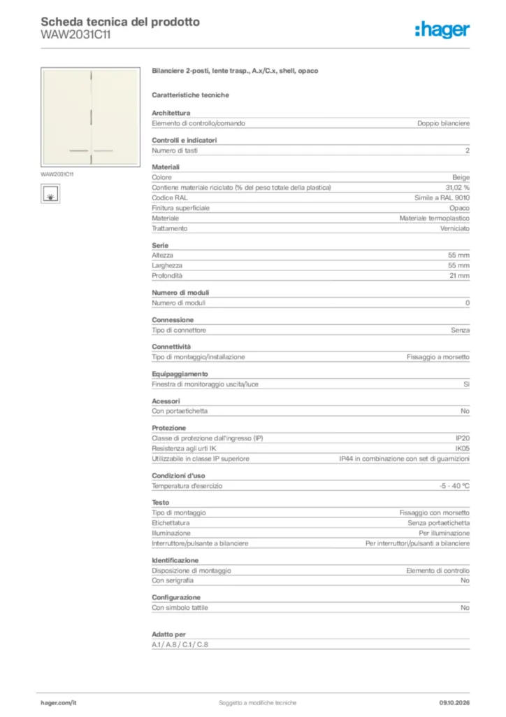 Immagine Hager Scheda tecnica del prodotto WAW2031C11 | Hager Italia