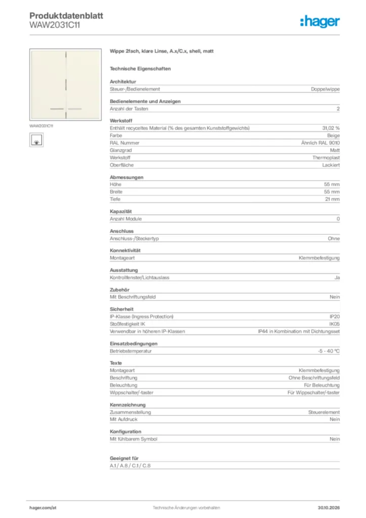 Bild Hager Produktdatenblatt WAW2031C11 | Hager Deutschland