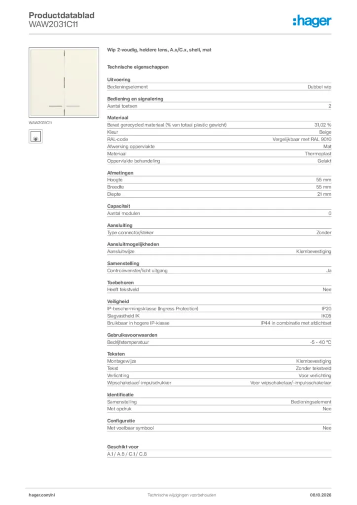 Afbeelding Hager Productdatablad WAW2031C11 | Hager Nederland