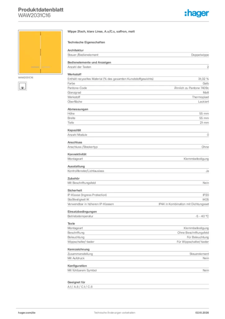 Bild Hager Produktdatenblatt WAW2031C16 | Hager Deutschland