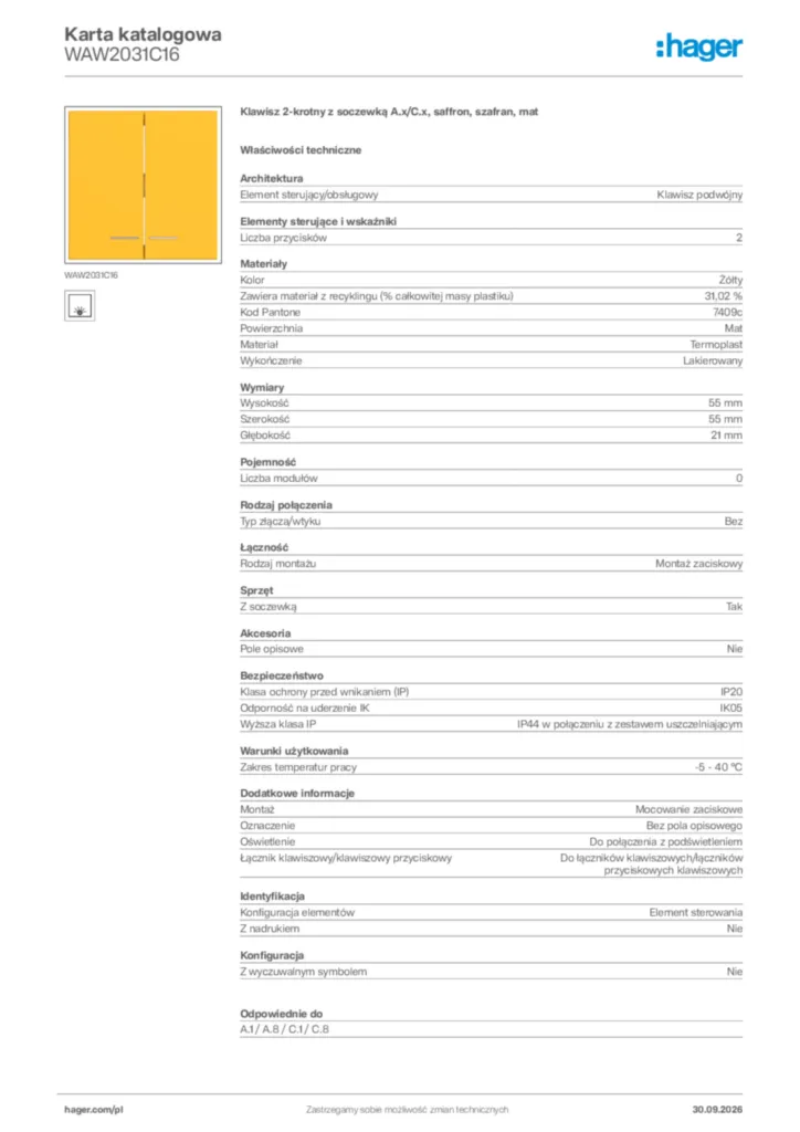 Zdjęcie Hager Karta katalogowa WAW2031C16 | Hager Polska