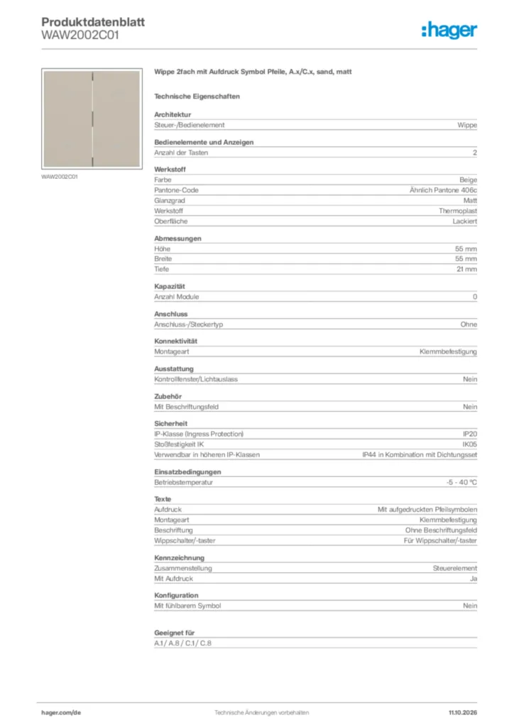 Bild Hager Produktdatenblatt WAW2002C01 | Hager Deutschland