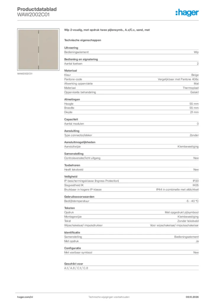 Afbeelding Hager Productdatablad WAW2002C01 | Hager Nederland