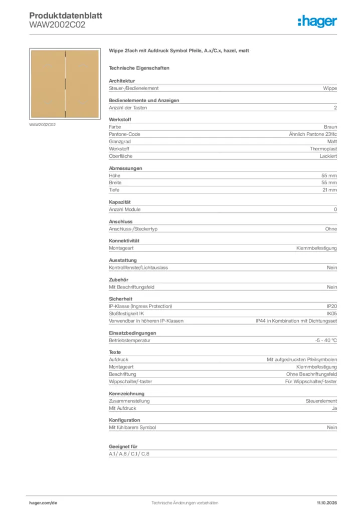 Bild Hager Produktdatenblatt WAW2002C02 | Hager Deutschland