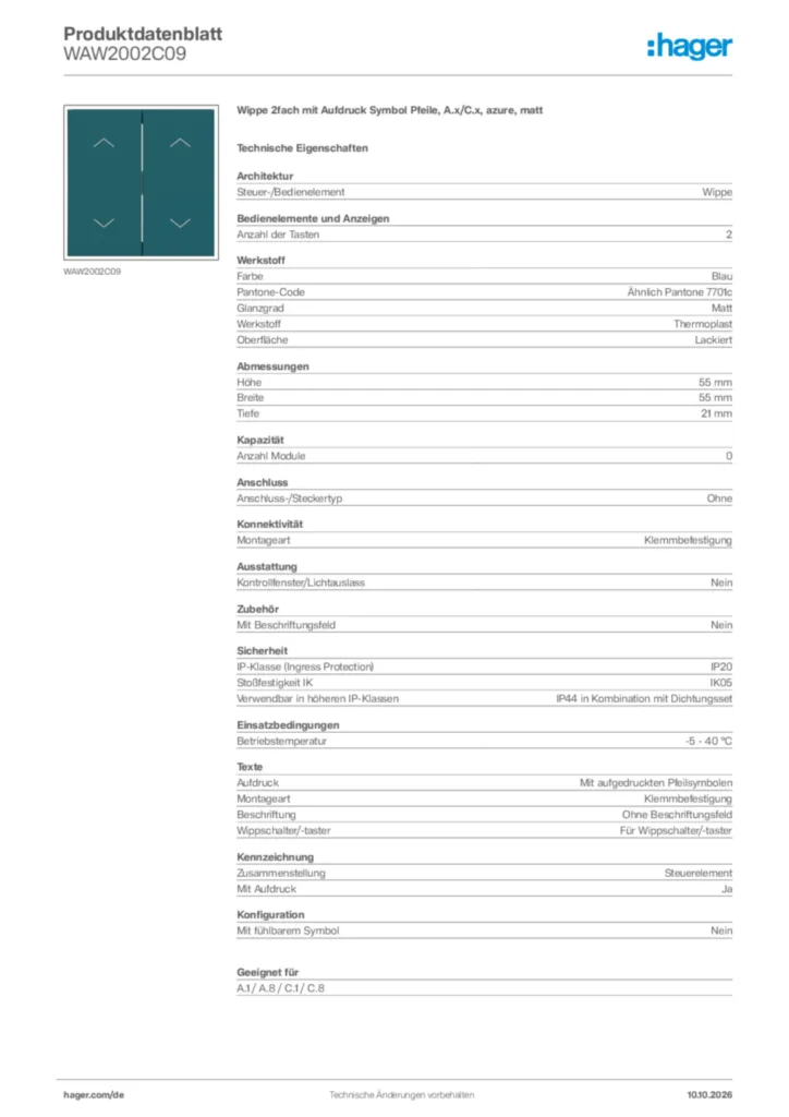 Bild Hager Produktdatenblatt WAW2002C09 | Hager Deutschland