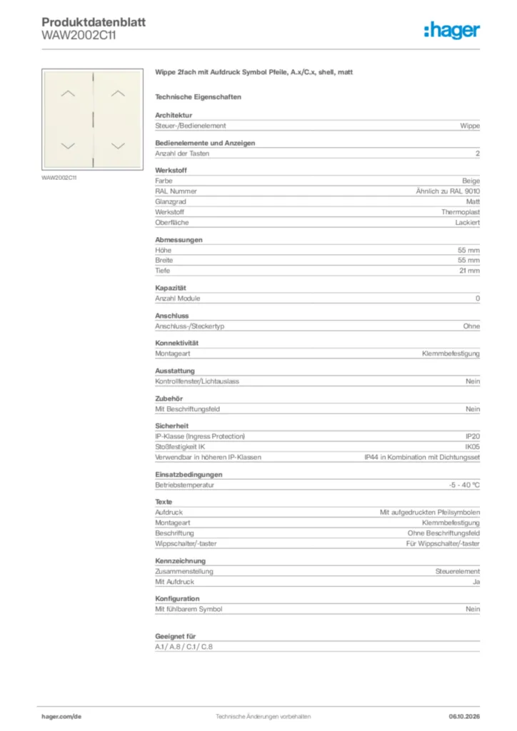 Bild Hager Produktdatenblatt WAW2002C11 | Hager Deutschland