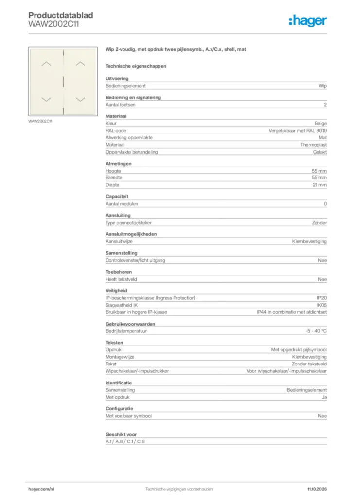 Afbeelding Hager Productdatablad WAW2002C11 | Hager Nederland