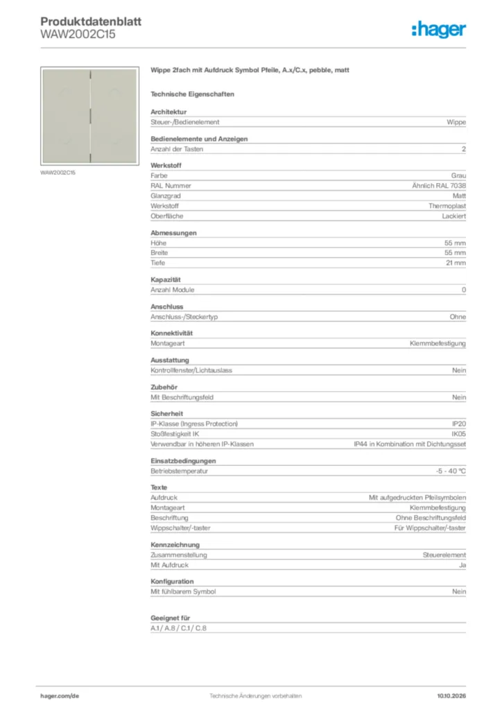 Bild Hager Produktdatenblatt WAW2002C15 | Hager Deutschland