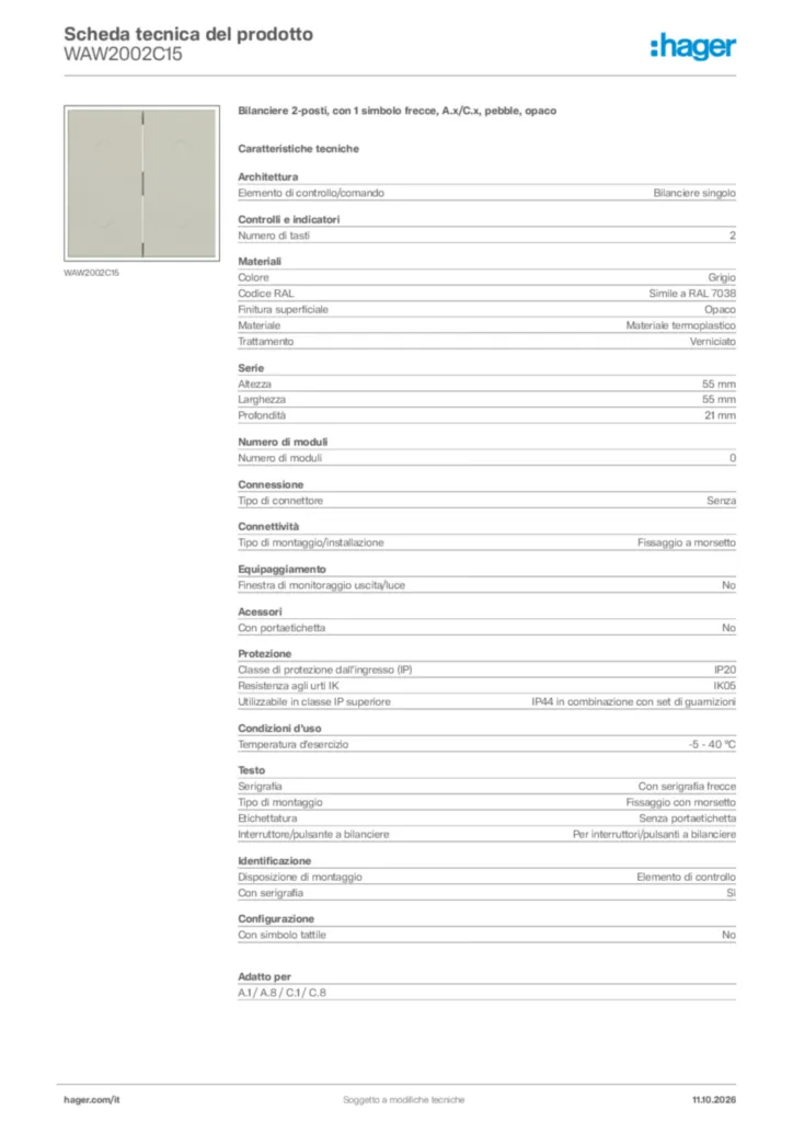 Immagine Hager Scheda tecnica del prodotto WAW2002C15 | Hager Italia