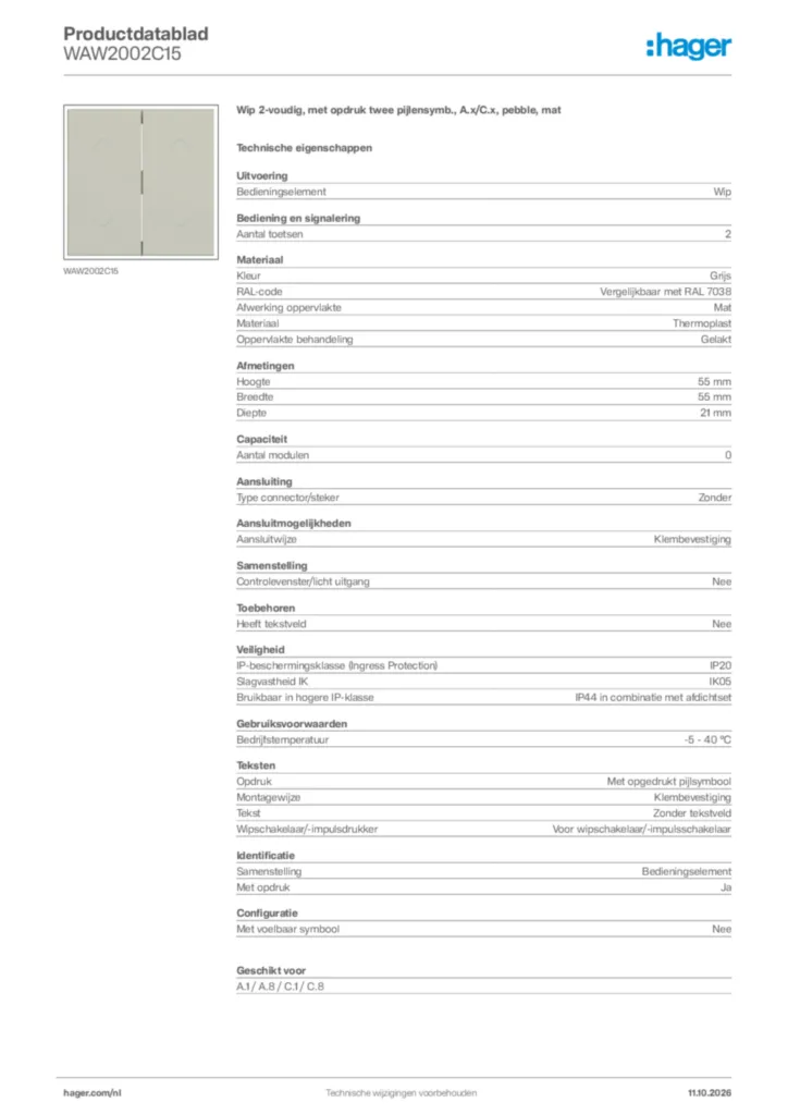 Afbeelding Hager Productdatablad WAW2002C15 | Hager Nederland