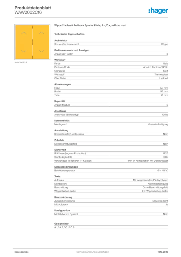 Bild Hager Produktdatenblatt WAW2002C16 | Hager Deutschland