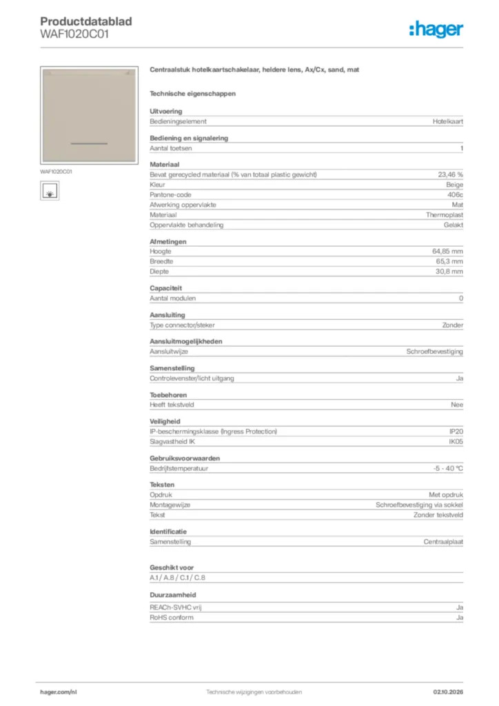 Afbeelding Hager Productdatablad WAF1020C01 | Hager Nederland