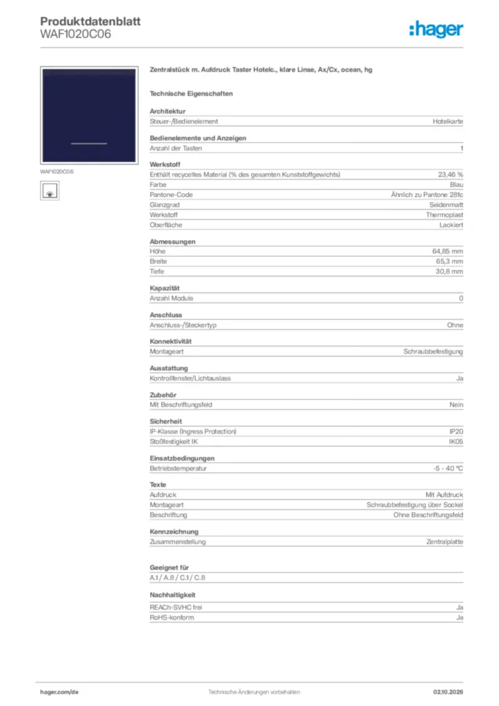 Bild Hager Produktdatenblatt WAF1020C06 | Hager Deutschland