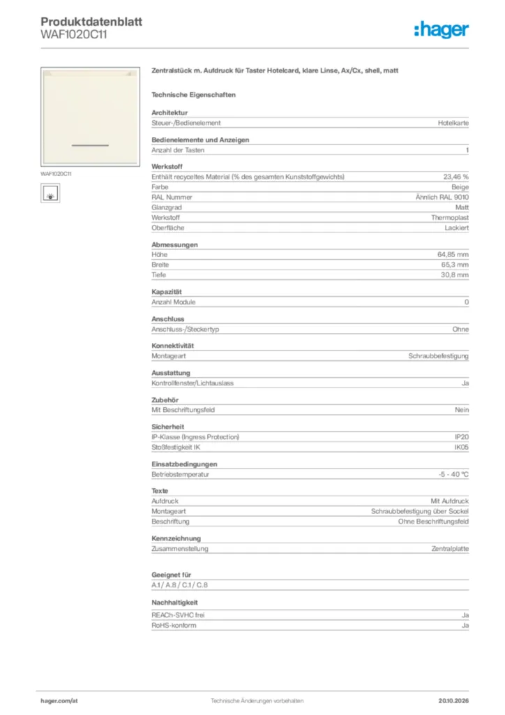 Bild Hager Produktdatenblatt WAF1020C11 | Hager Deutschland