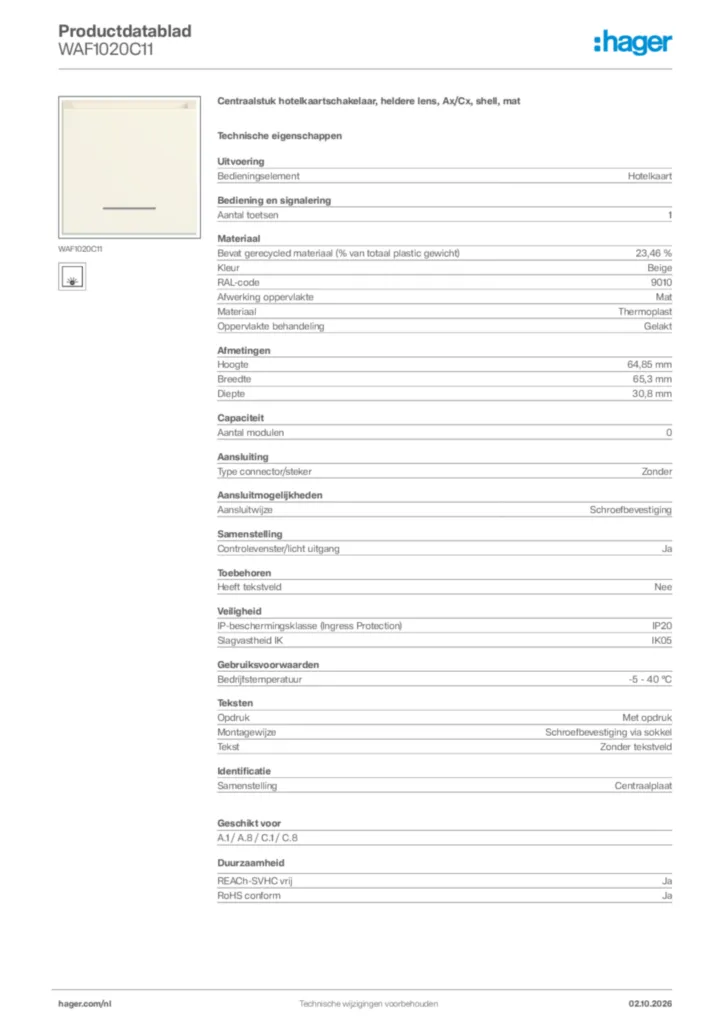 Afbeelding Hager Productdatablad WAF1020C11 | Hager Nederland