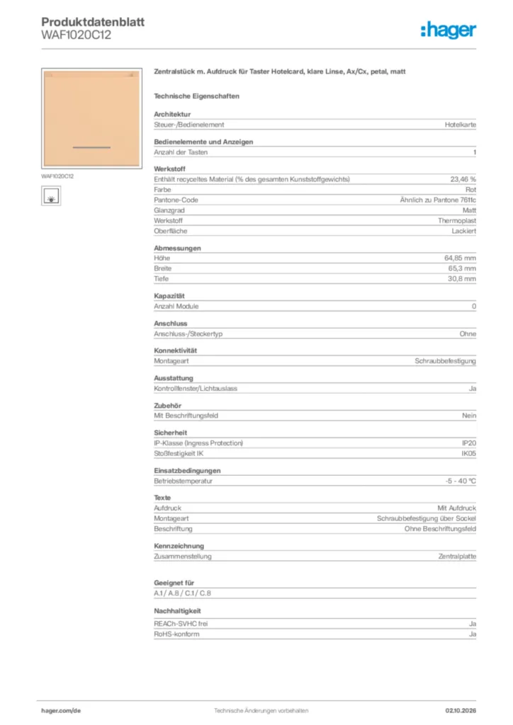 Bild Hager Produktdatenblatt WAF1020C12 | Hager Deutschland