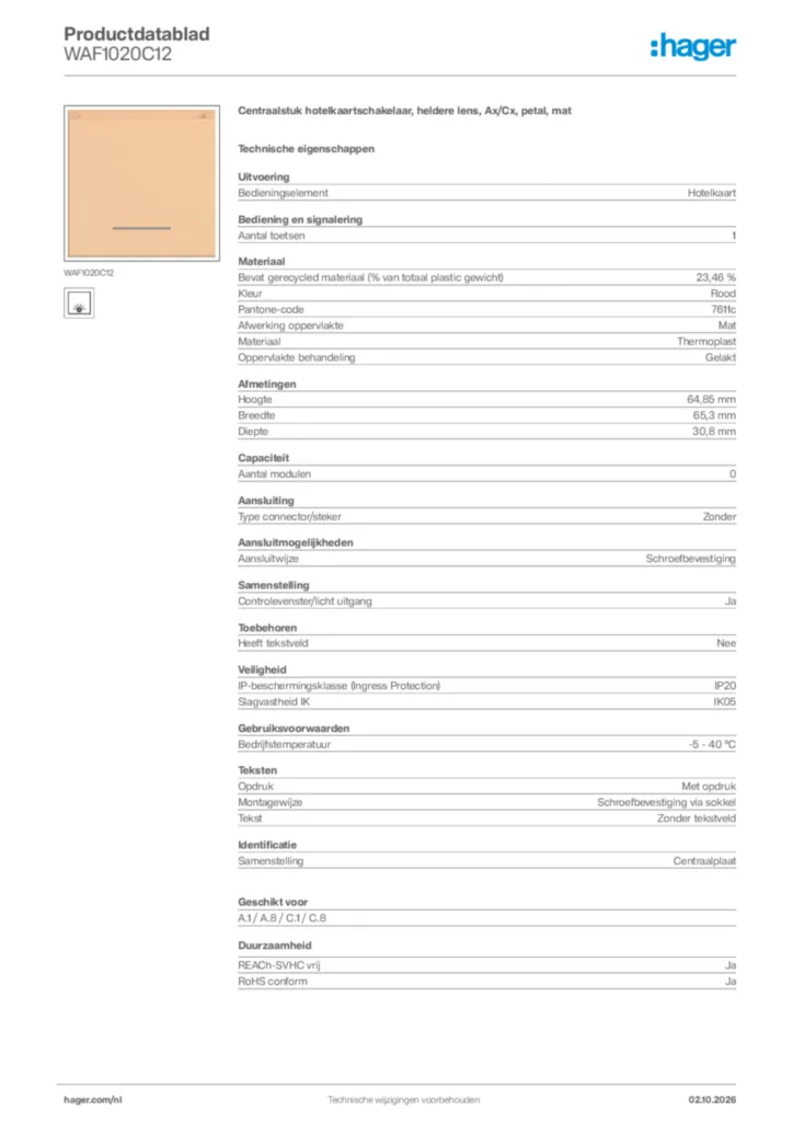 Afbeelding Hager Productdatablad WAF1020C12 | Hager Nederland