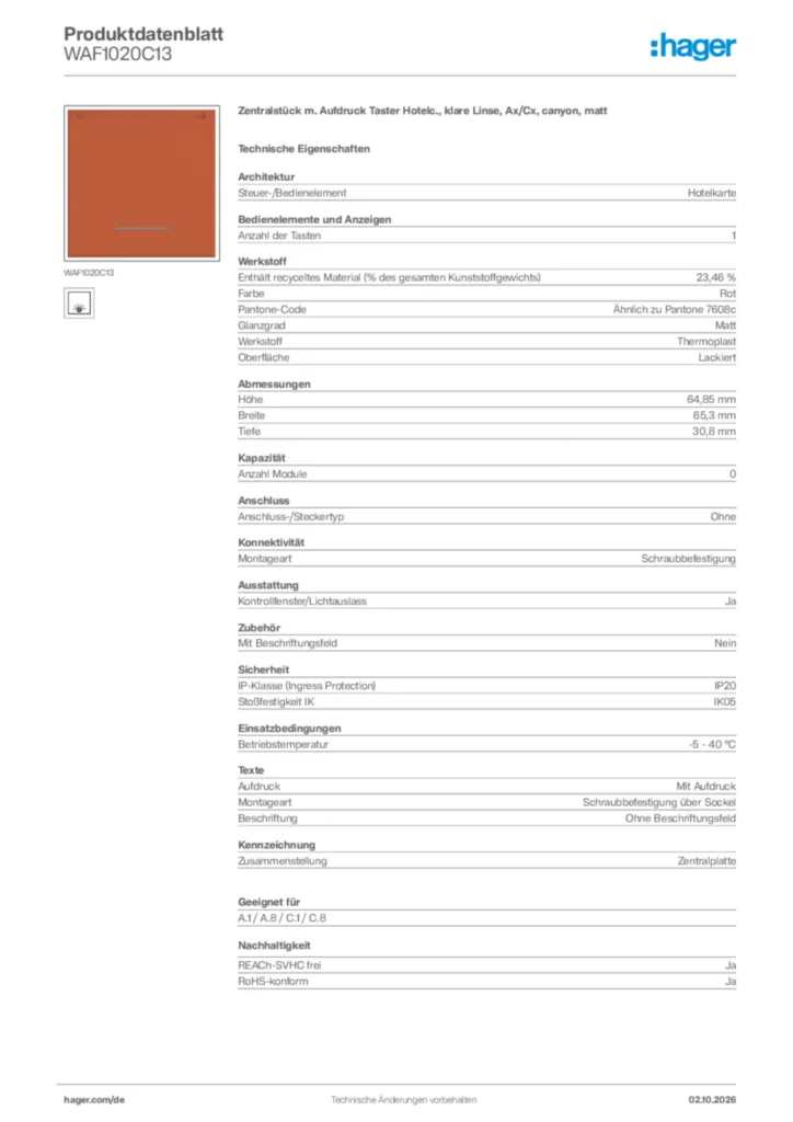 Bild Hager Produktdatenblatt WAF1020C13 | Hager Deutschland