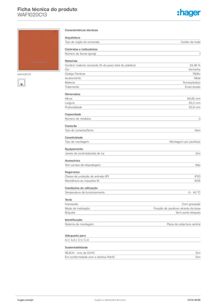 Imagem Hager Ficha técnica do produto WAF1020C13 | Hager Portugal
