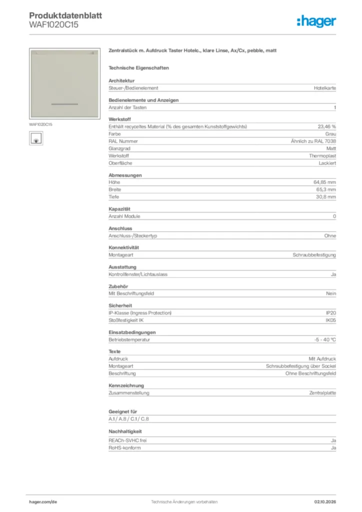 Bild Hager Produktdatenblatt WAF1020C15 | Hager Deutschland