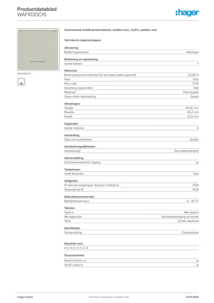 Afbeelding Hager Productdatablad WAF1020C15 | Hager Nederland
