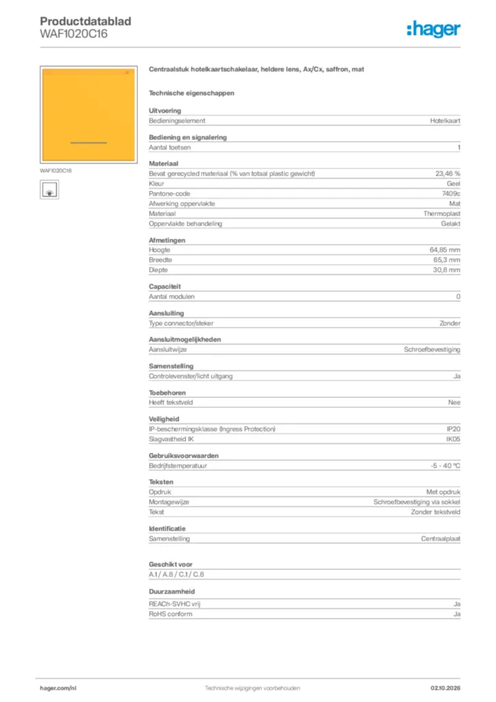 Afbeelding Hager Productdatablad WAF1020C16 | Hager Nederland