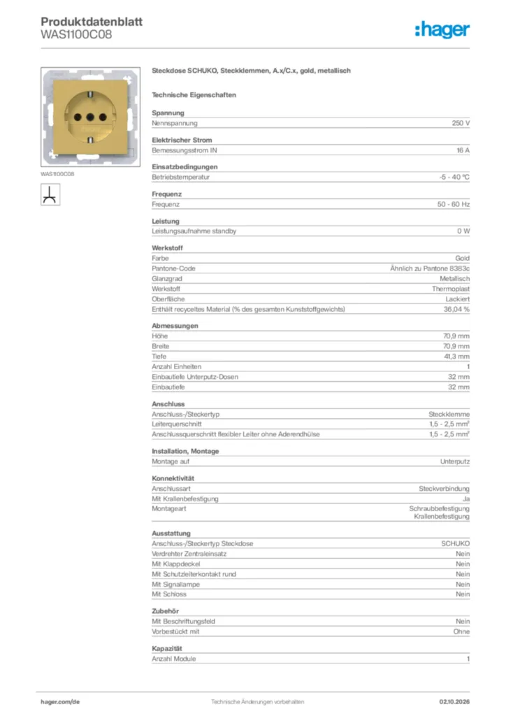 Bild Hager Produktdatenblatt WAS1100C08 | Hager Deutschland