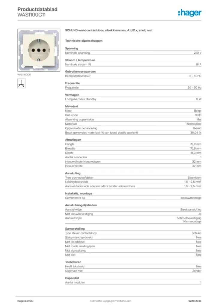 Afbeelding Hager Productdatablad WAS1100C11 | Hager Nederland