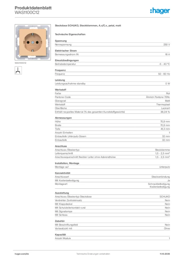 Bild Hager Produktdatenblatt WAS1100C12 | Hager Deutschland