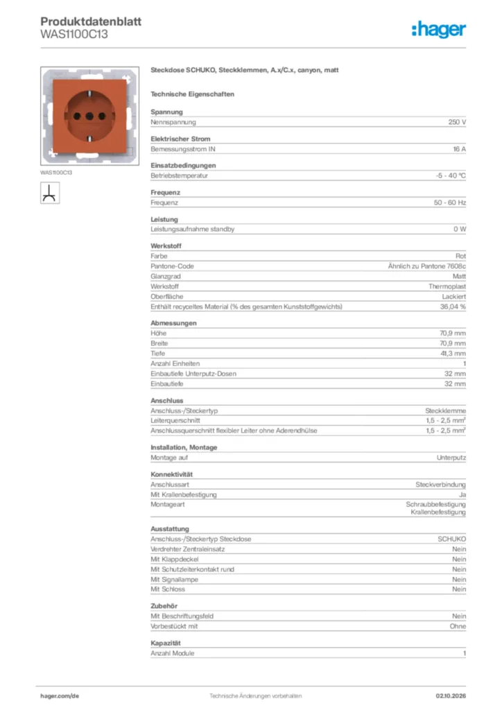 Bild Hager Produktdatenblatt WAS1100C13 | Hager Deutschland
