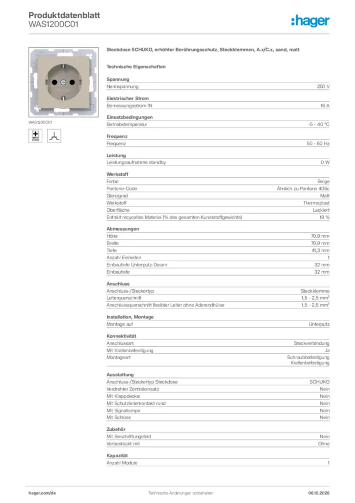 Bild Hager Produktdatenblatt WAS1200C01 | Hager Deutschland