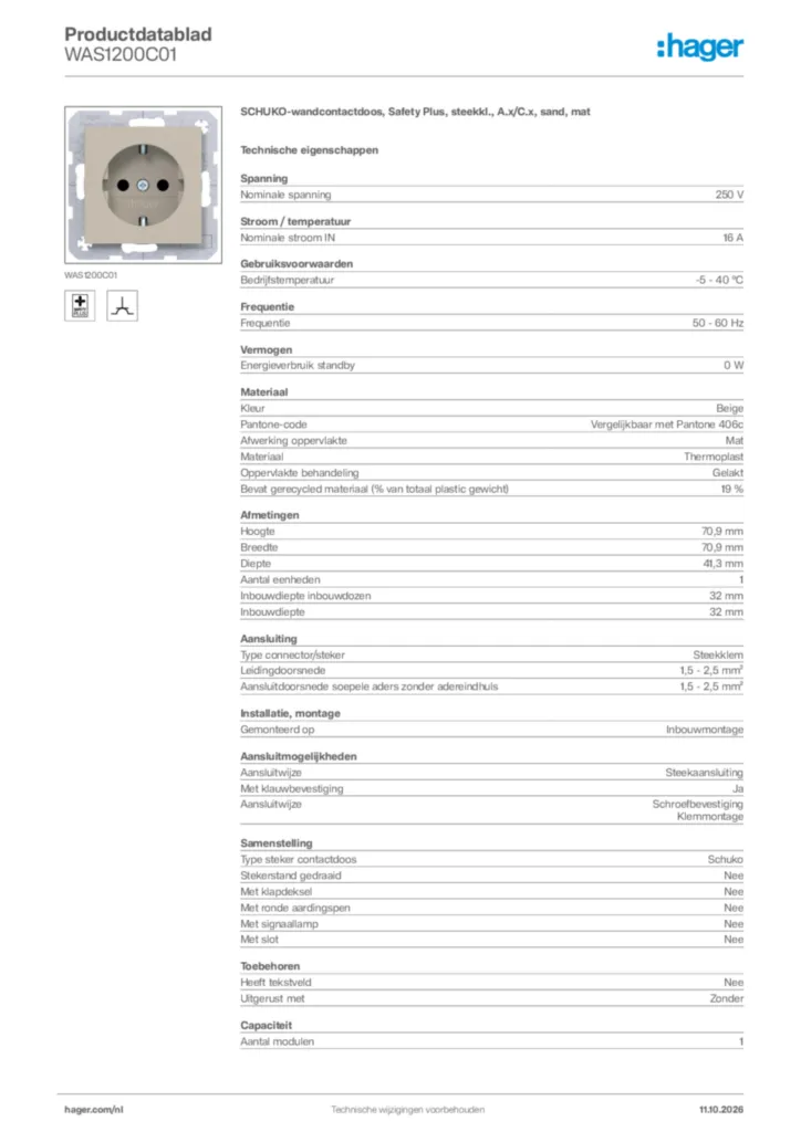 Afbeelding Hager Productdatablad WAS1200C01 | Hager Nederland