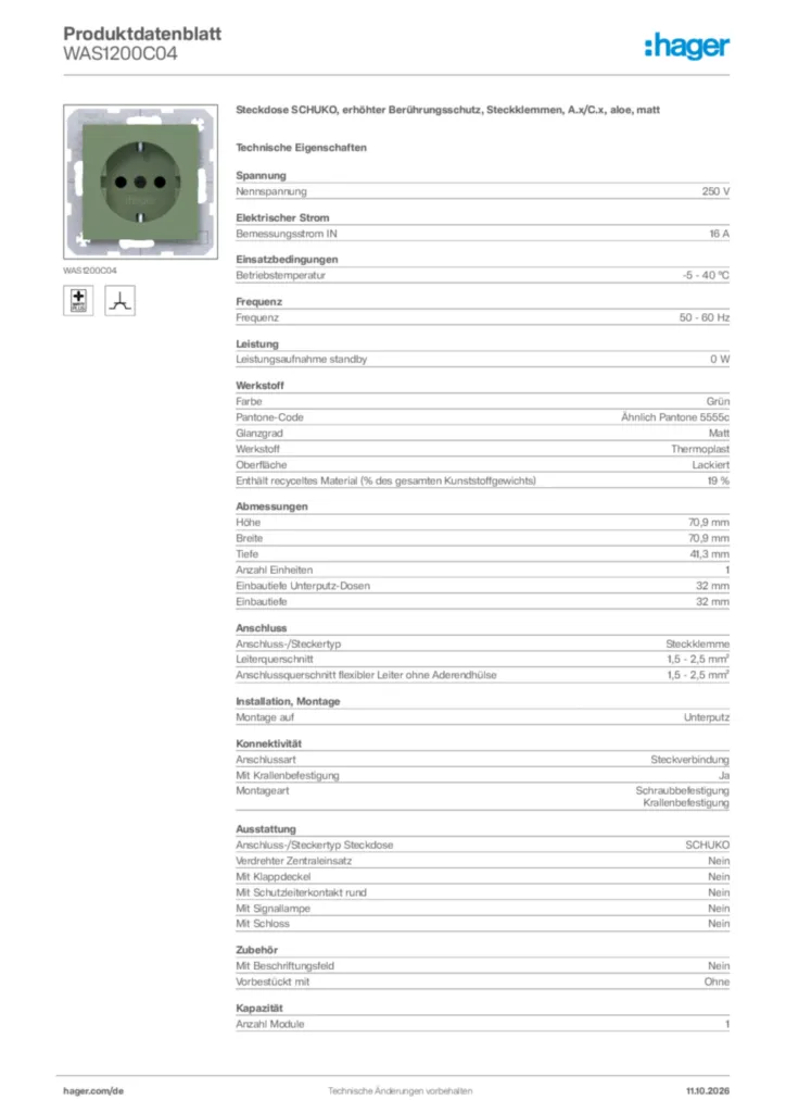 Bild Hager Produktdatenblatt WAS1200C04 | Hager Deutschland