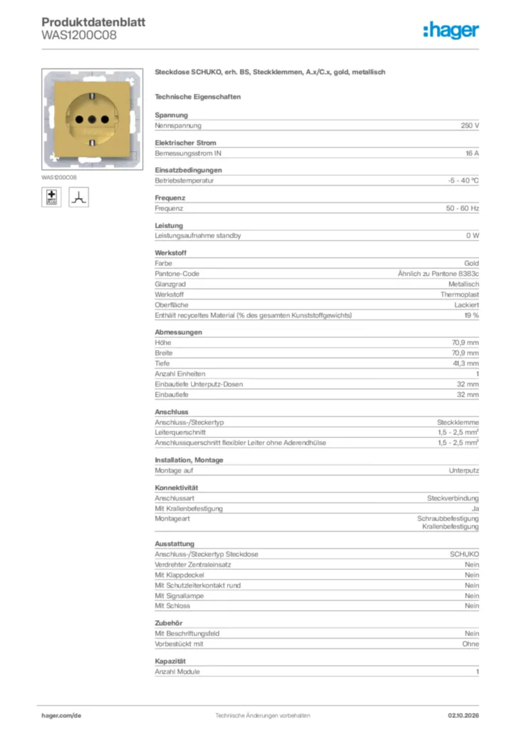 Bild Hager Produktdatenblatt WAS1200C08 | Hager Deutschland