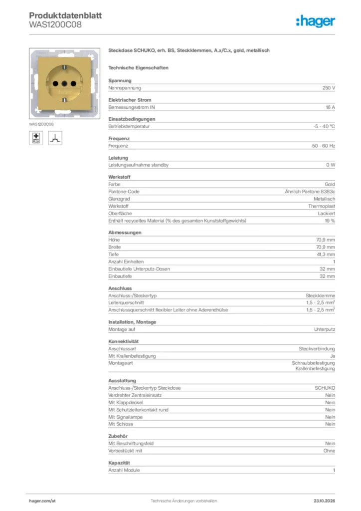 Bild Hager Produktdatenblatt WAS1200C08 | Hager Deutschland