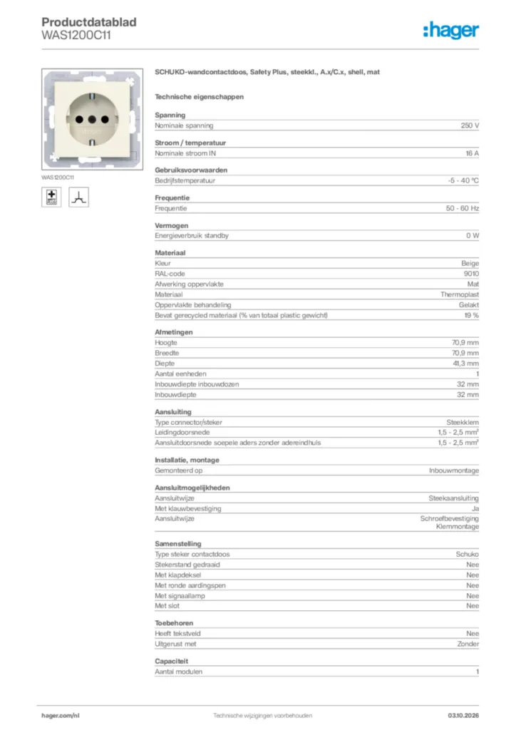 Afbeelding Hager Productdatablad WAS1200C11 | Hager Nederland