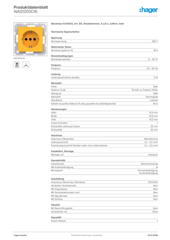 Bild Hager Produktdatenblatt WAS1200C16 | Hager Deutschland