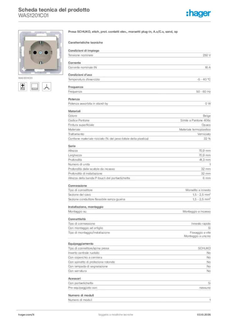 Immagine Hager Scheda tecnica del prodotto WAS1201C01 | Hager Italia
