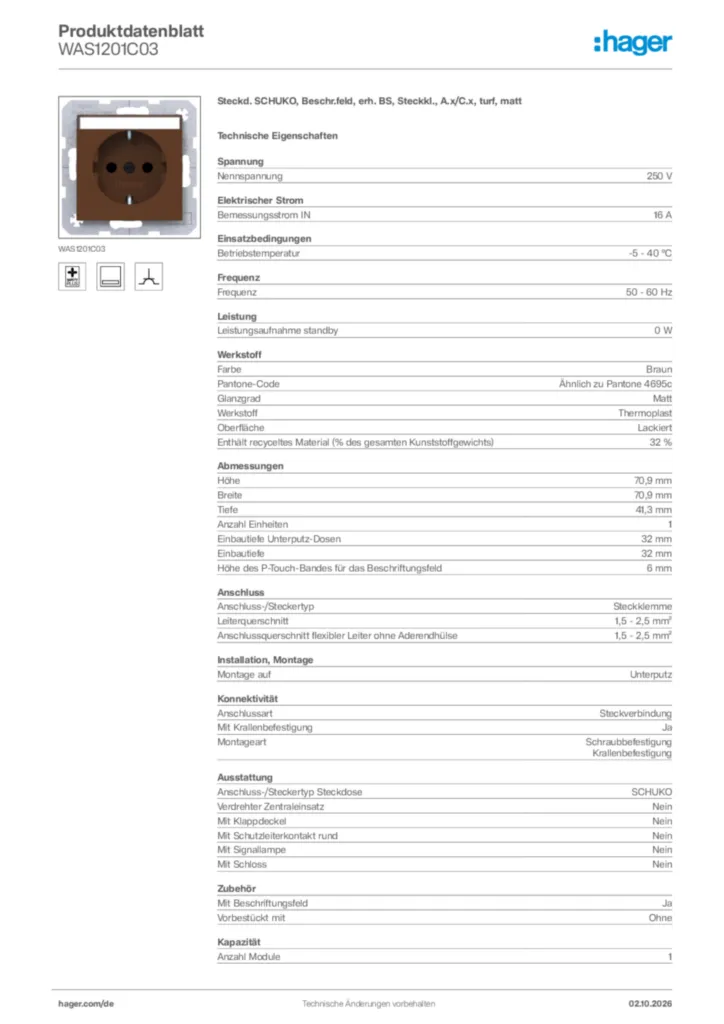 Bild Hager Produktdatenblatt WAS1201C03 | Hager Deutschland