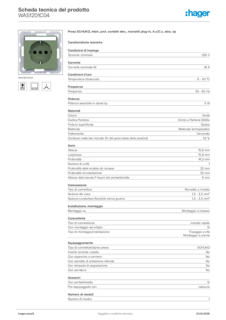 Immagine Hager Scheda tecnica del prodotto WAS1201C04 | Hager Italia