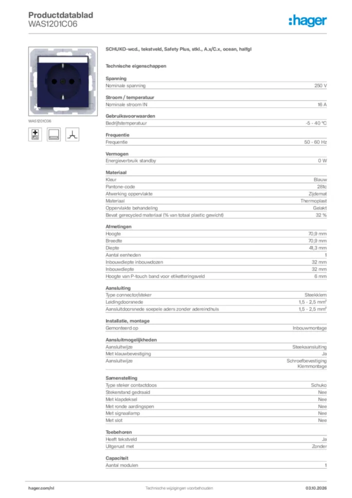 Afbeelding Hager Productdatablad WAS1201C06 | Hager Nederland