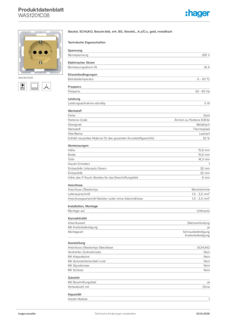 Bild Hager Produktdatenblatt WAS1201C08 | Hager Deutschland