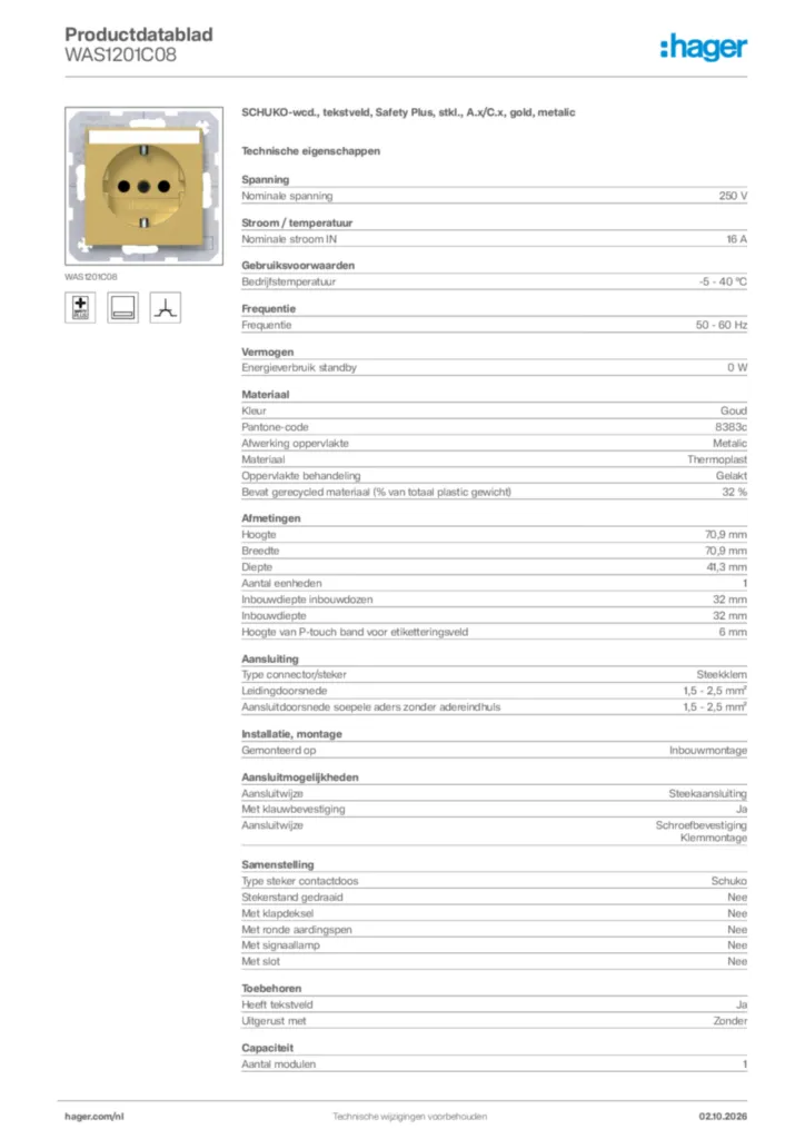 Afbeelding Hager Productdatablad WAS1201C08 | Hager Nederland
